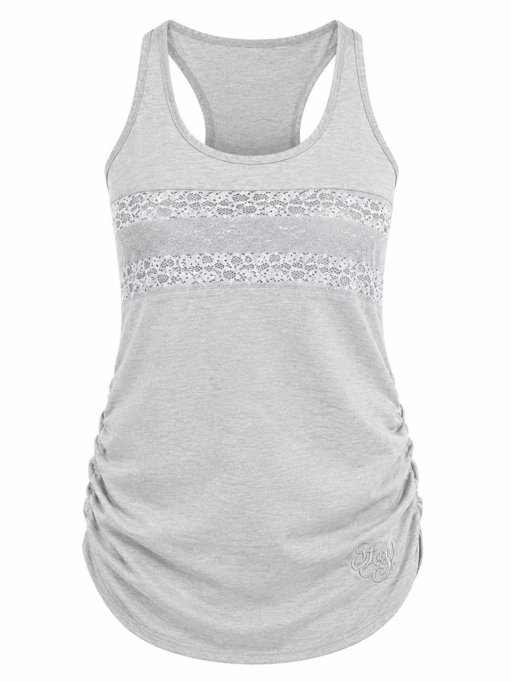 Southpole Womens Medium Gray Lace Accent Tank Top With Side Ruched Detail